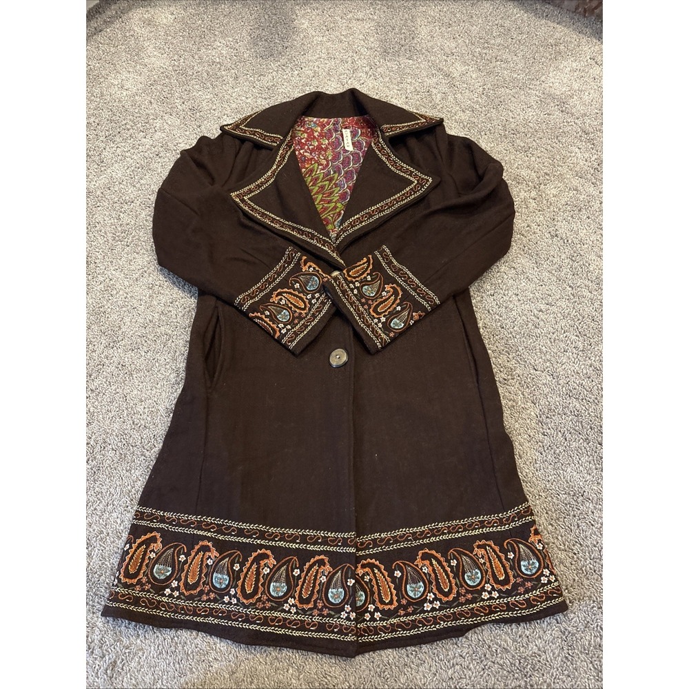 Avatar Clothing Embroidered Brown Floral Plaisley Long Duster Jacket Pockets Med